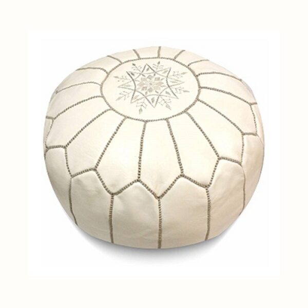 Moroccan Leather Pouf Ottoman - White/Grey