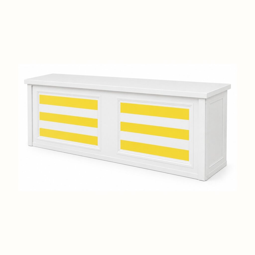 White food station with yellow striped panels